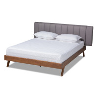 Baxton Studio BBT6808-Grey/Walnut-King Brita Mid-Century Modern Grey Fabric Upholstered Walnut Finished Wood King Size Bed